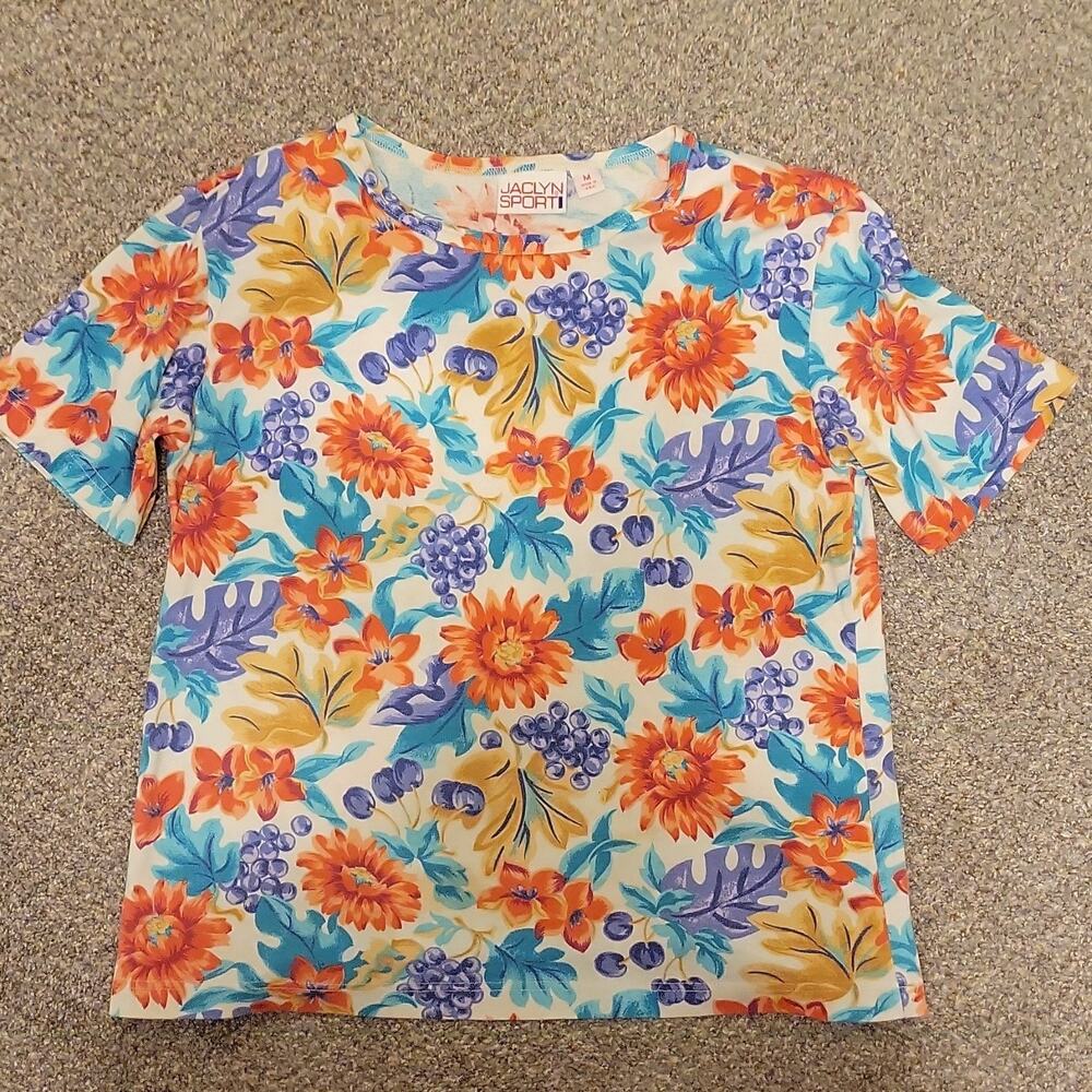 Jaclyn Sport Women's M Floral Print Knit Short Sleeve T-Shirt Polyester Vintage